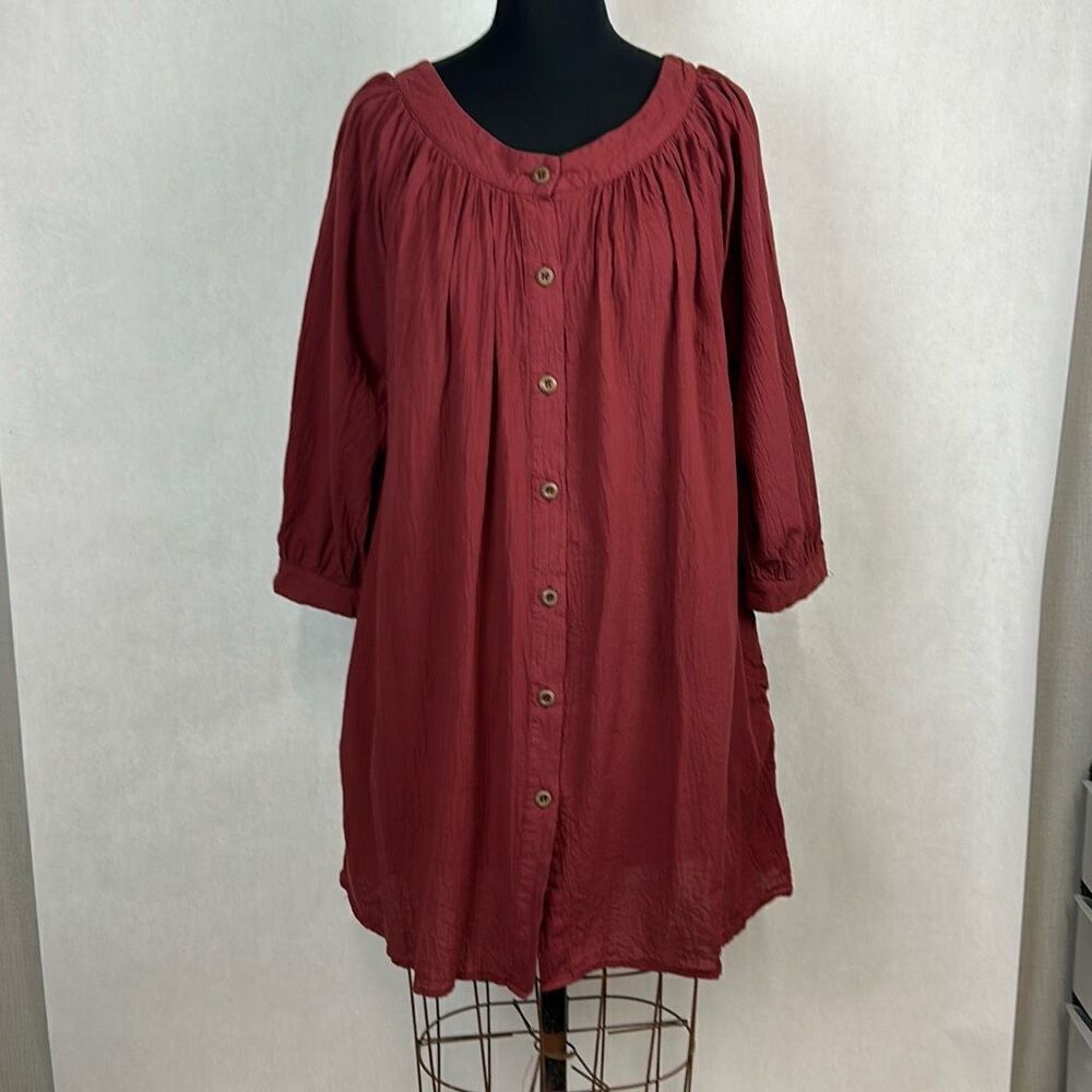 Lucky & Blessed Button Front Tunic Dress 3/4 Sleeve Sz L Burgundy Round Neck